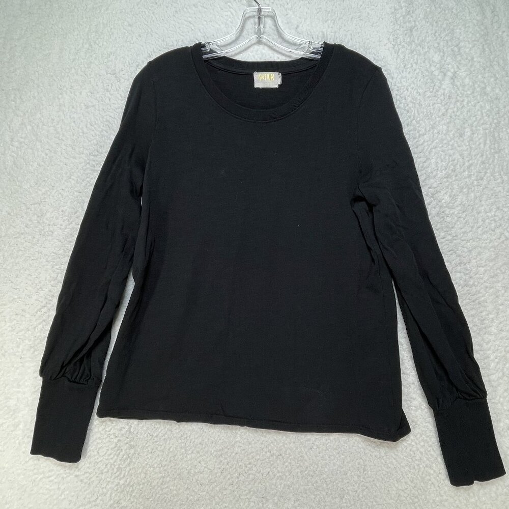 Nation Sweater Womens Sz Medium Black Peruvian Cotton Round Neck Wrist Buttons